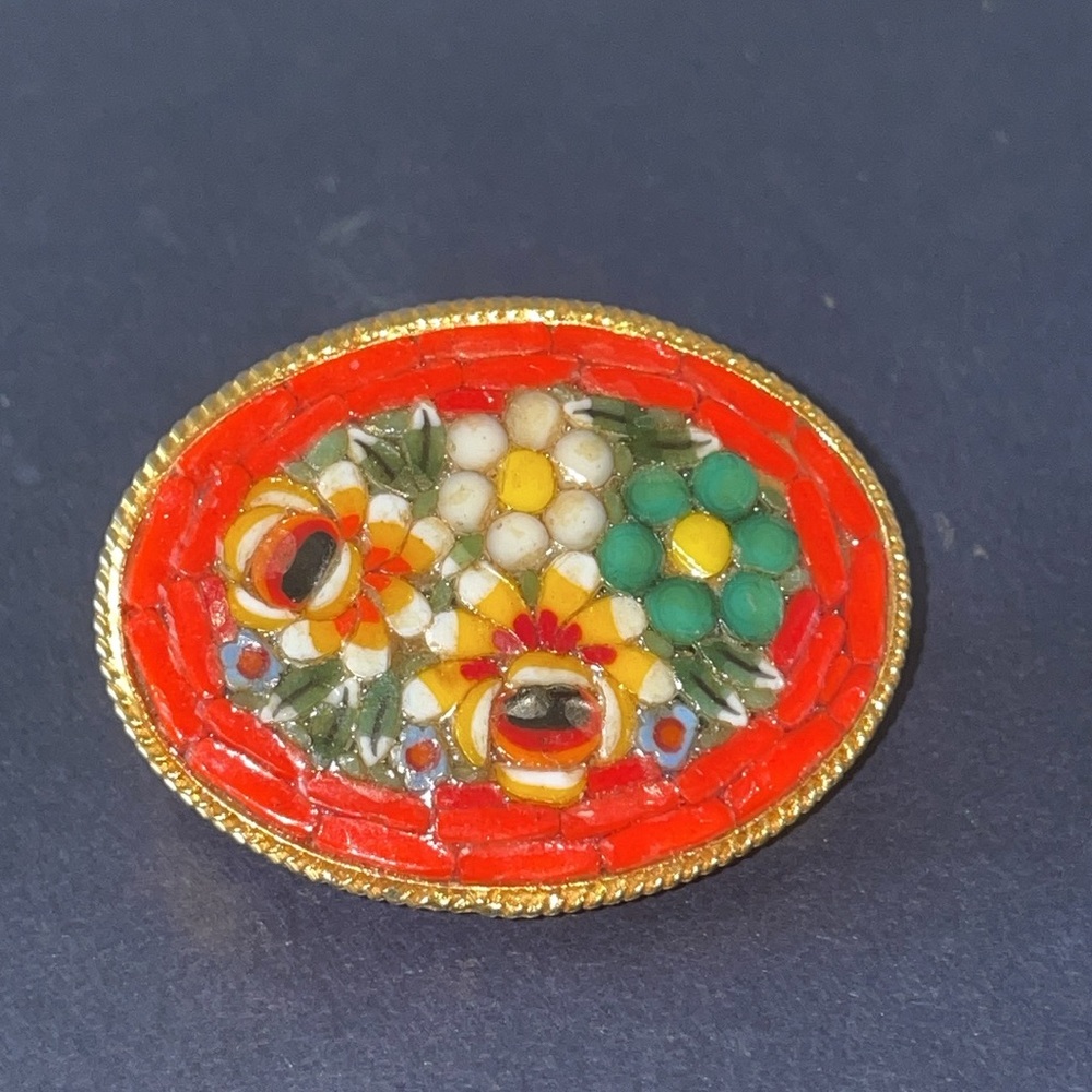 Vintage Floral and Orange Micro Mosaic Oval Shape BroochGold Tone, Made in Italy